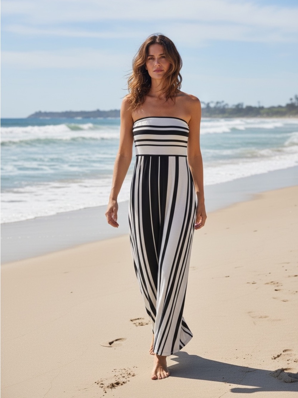 La Blanca Strapless Black and White Stripe Maxi Dress Swim Cover